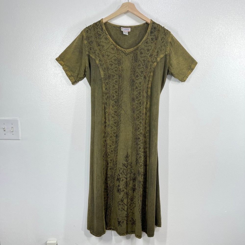 Just Cruising Vtg 90s Boho Crinkle Dress Free Size Green Embroidered Rayon India